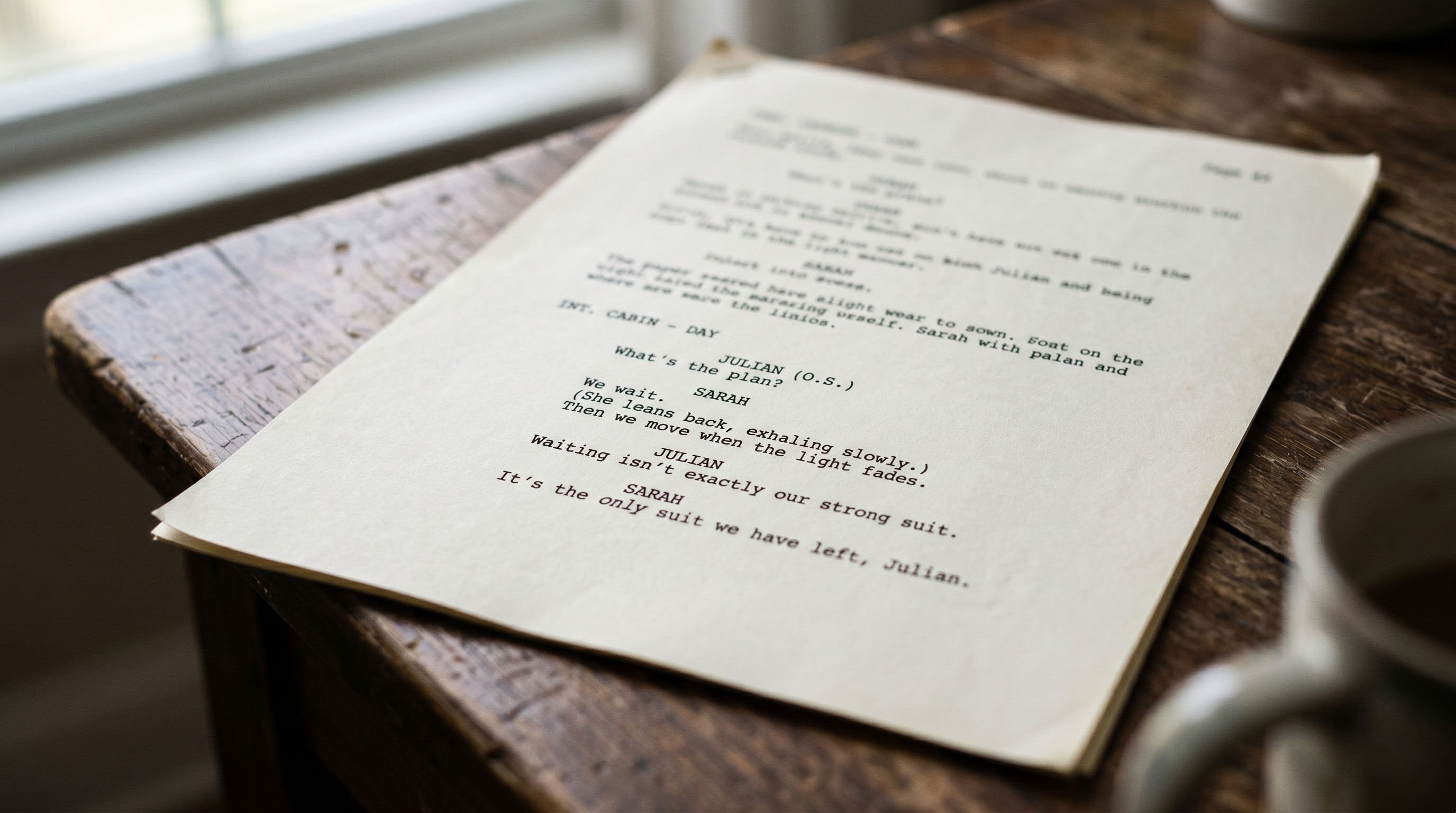 A printed screenplay page resting on a wooden table, lit by soft window light.